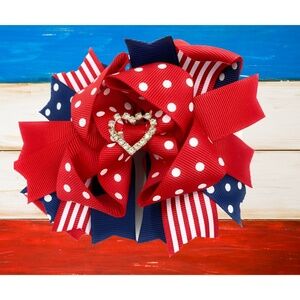 Fourth of July Hair bow in Red and Navy Solid Polka Dot and White Red Strips